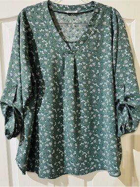 Youtalia Womens V-Neck Blouse Women's XXL Roll Tab Sleeve Flowy Top Green Floral